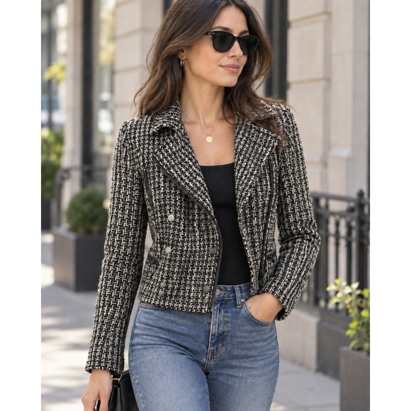 House of Harlow 1960 Jackets & Blazers - Revolve x House of Harlow Tweed Moto Zip Cropped Jacket XL Blk Wht Biker Chic